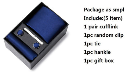 Blue Solid Necktie with Matching Handkerchief, Cufflinks & Clip