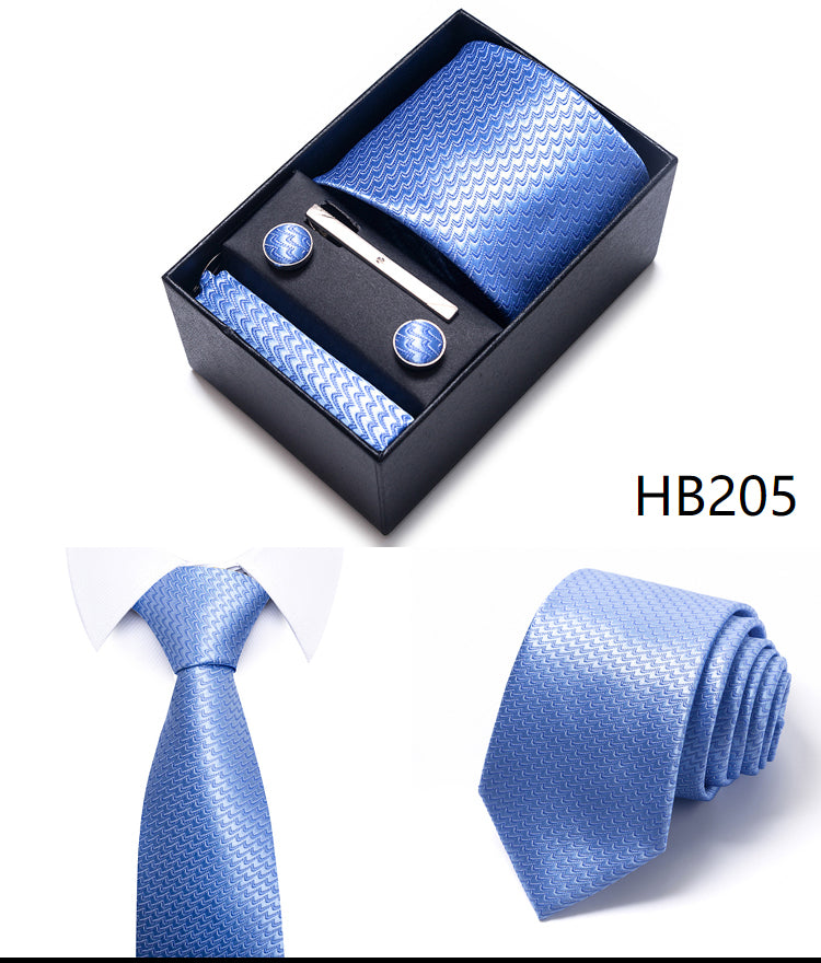 Blue Solid Necktie with Matching Handkerchief, Cufflinks & Clip