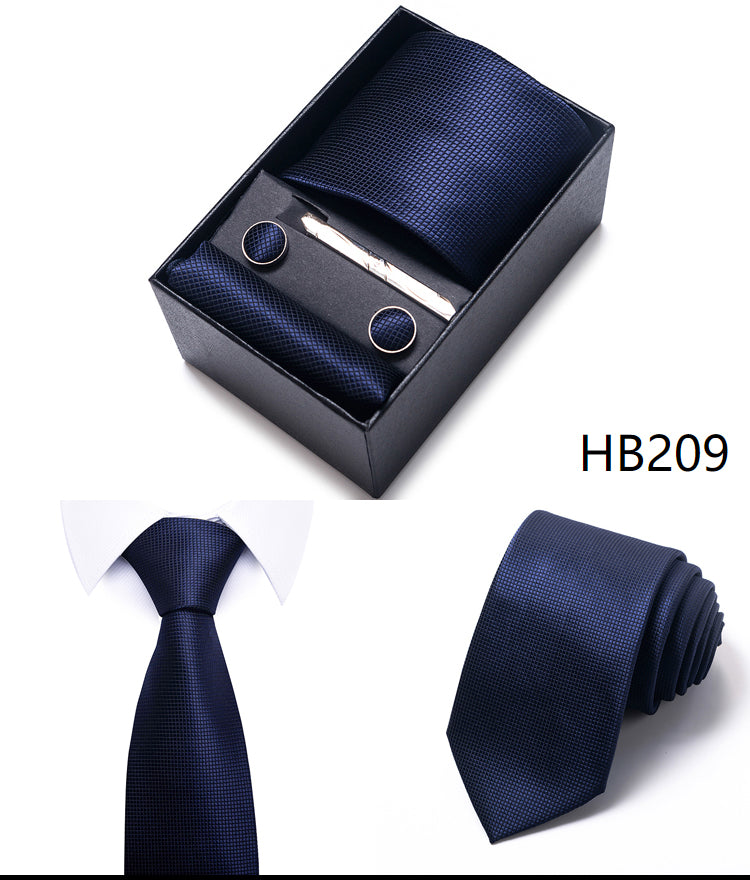 Blue Solid Necktie with Matching Handkerchief, Cufflinks & Clip
