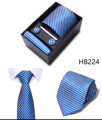 Blue Solid Necktie with Matching Handkerchief, Cufflinks & Clip