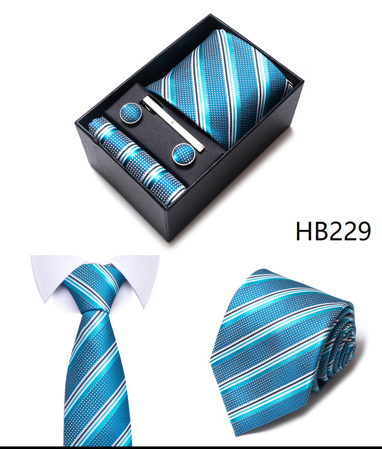 Blue Solid Necktie with Matching Handkerchief, Cufflinks & Clip