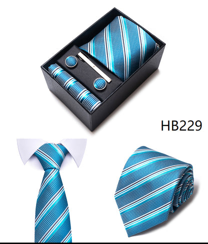 Blue Solid Necktie with Matching Handkerchief, Cufflinks & Clip
