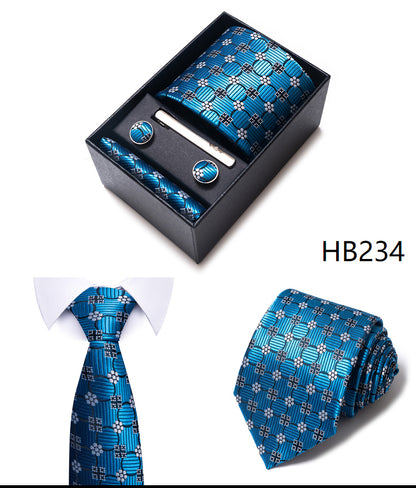 Blue Solid Necktie with Matching Handkerchief, Cufflinks & Clip