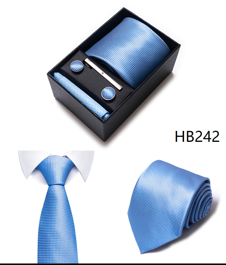 Blue Solid Necktie with Matching Handkerchief, Cufflinks & Clip