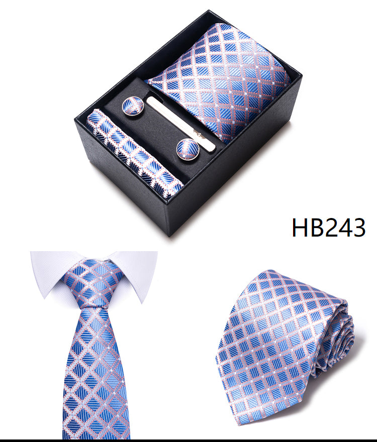 Blue Solid Necktie with Matching Handkerchief, Cufflinks & Clip
