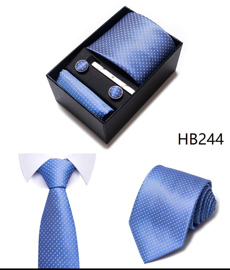 Blue Solid Necktie with Matching Handkerchief, Cufflinks & Clip