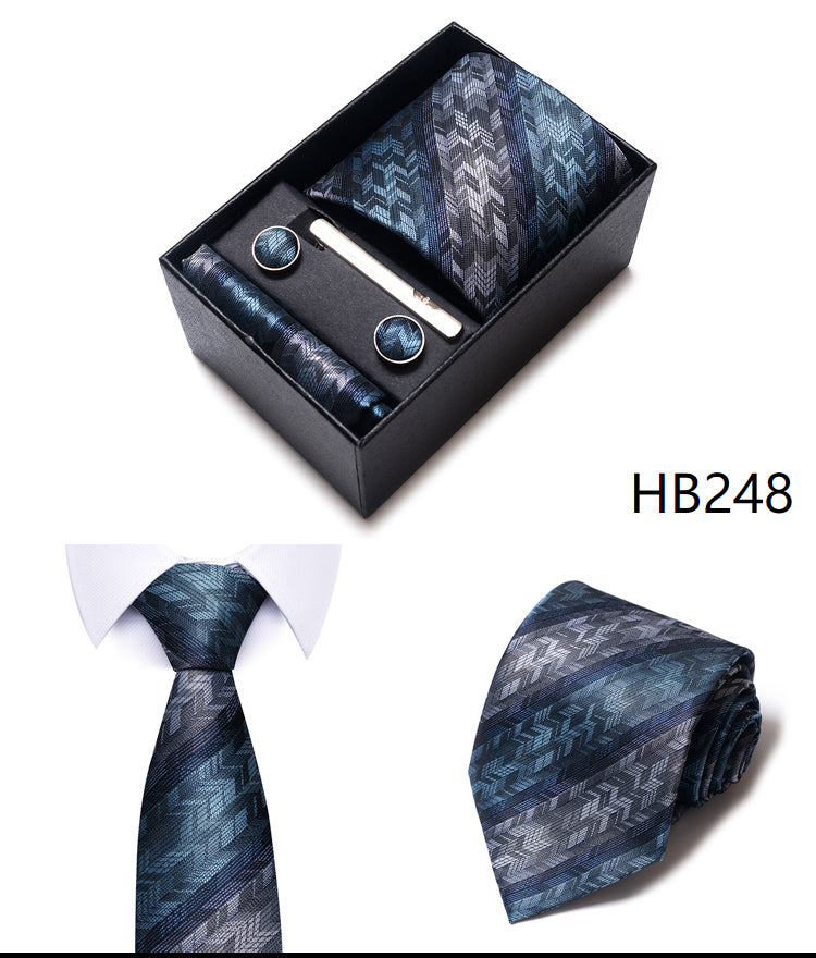 Blue Solid Necktie with Matching Handkerchief, Cufflinks & Clip
