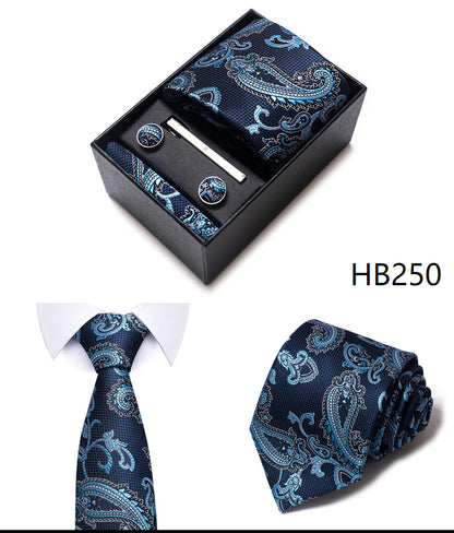 Blue Solid Necktie with Matching Handkerchief, Cufflinks & Clip