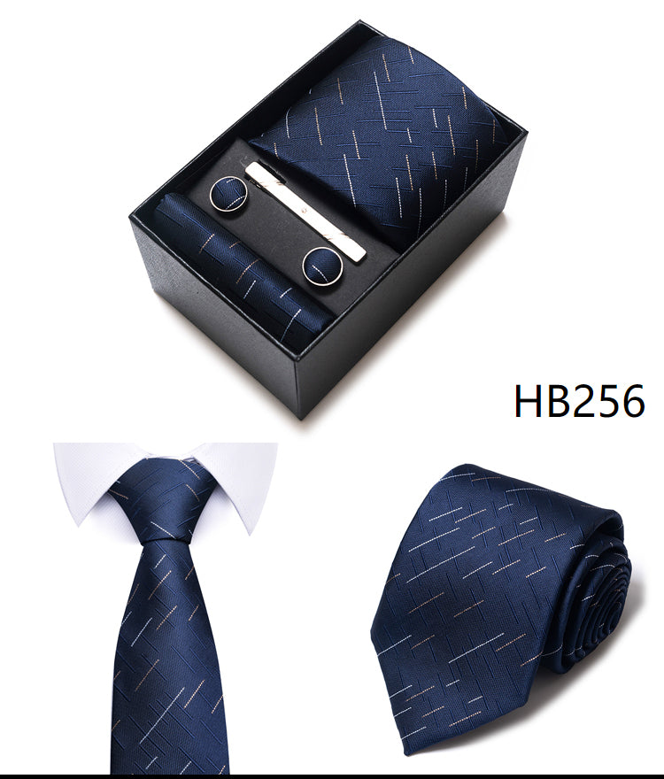 Blue Solid Necktie with Matching Handkerchief, Cufflinks & Clip