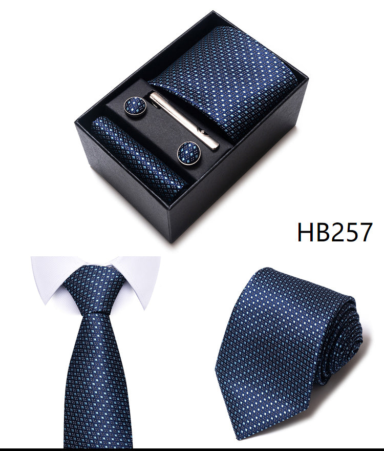 Blue Solid Necktie with Matching Handkerchief, Cufflinks & Clip