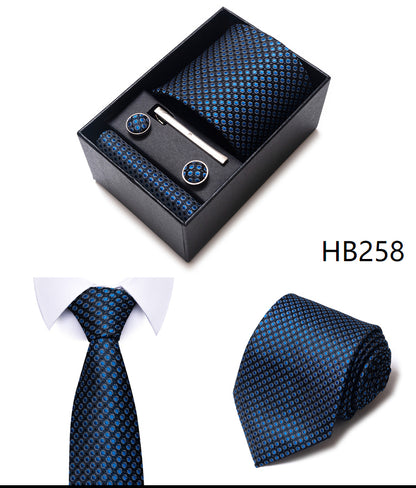 Blue Solid Necktie with Matching Handkerchief, Cufflinks & Clip